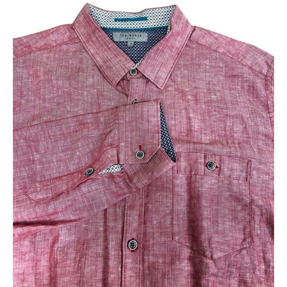TED BAKER London Dress Shirt Men Sz 4 (Large) Red Linen Blend Long-Sleeve Pocket - Picture 2 of 7